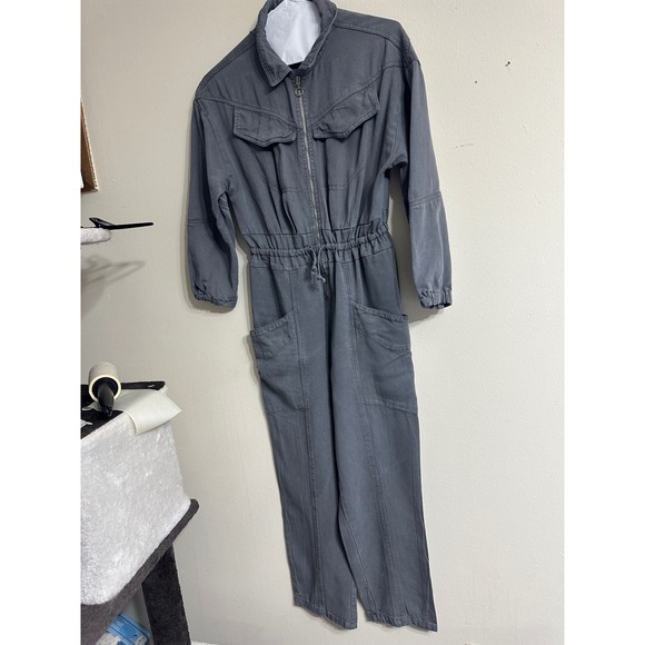 Utility Jumpsuit Gray Full Zip Drawstring Waist Pockets Casual‎ Size Unknown - Picture 1 of 9